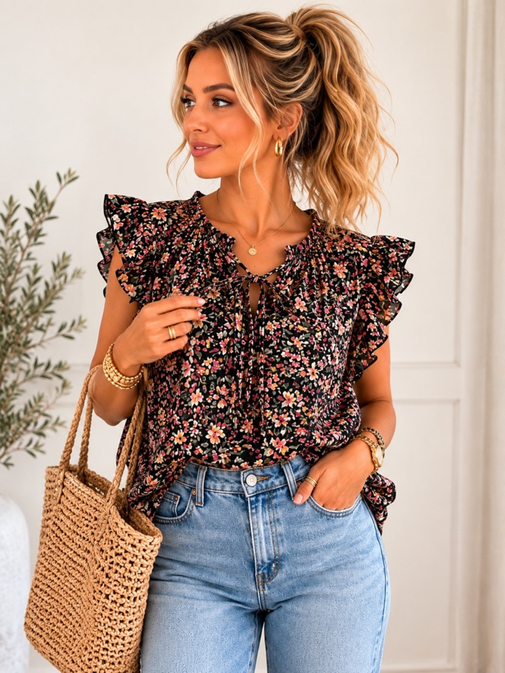 BB Dakota Black Floral Ruffle Tie-Front Blouse 100% Cotton